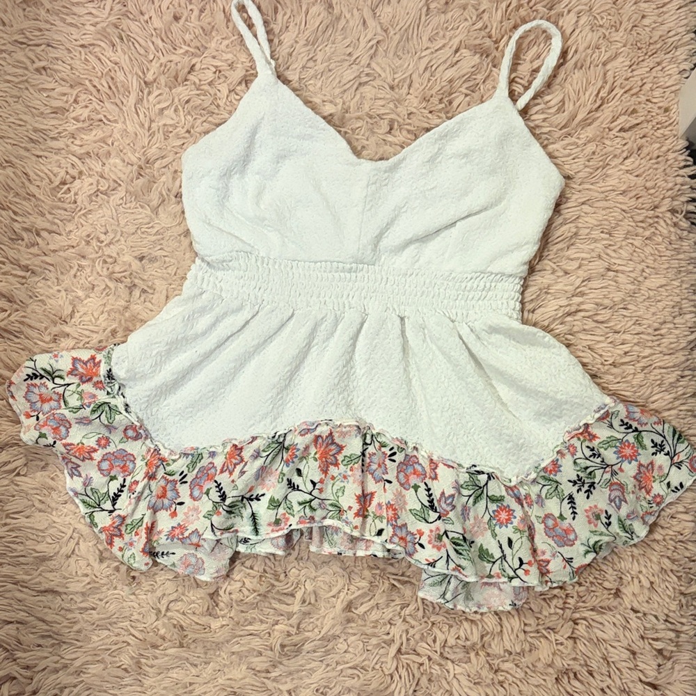Maurices White Y2K babydoll fairy Top with Floral Ruffle Hem Size XS